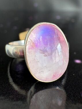 Pink Rainbow Moonstone Ring, size 8 (foil backing, undyed)